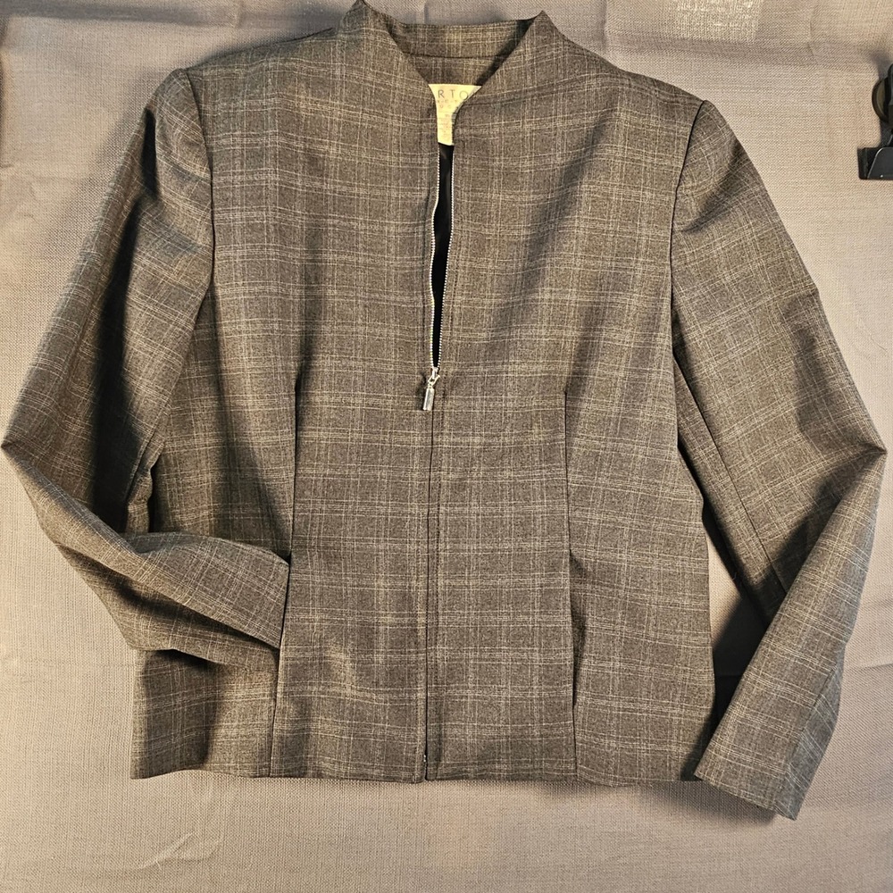 Norton McNaughton Gray Glen Plaid Zip Front Stretch Wool Blend Blazer Jacket 10